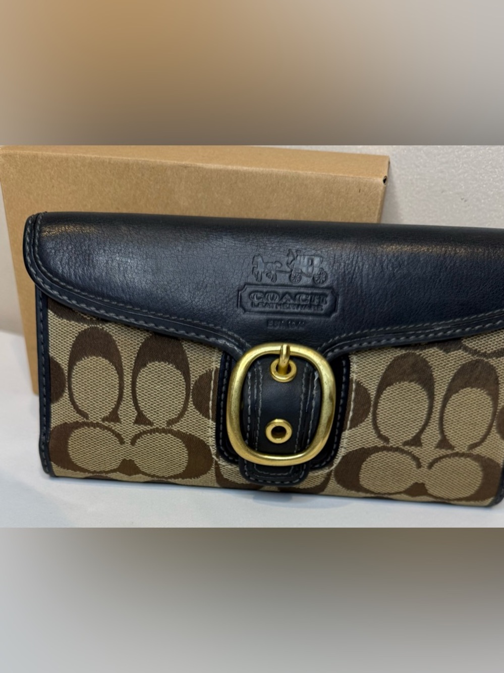 Coach Bleeker Black Leather Brown Signature Canvas Wallet Tattersall (see pics)